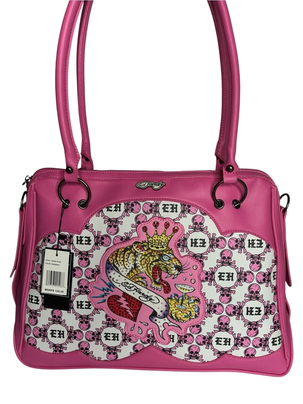 Ed Hardy Large Satchel Crossbody Bag Skulls Monogram Logo Bling Rhinestone Tiger